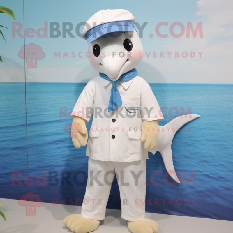 White Dolphin mascot costume character dressed with a Poplin Shirt and Hair clips