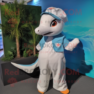 White Dolphin mascot costume character dressed with a Poplin Shirt and Hair clips