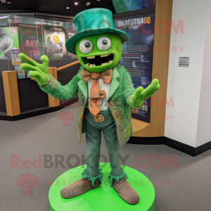 Green Undead mascot costume character dressed with a Cardigan and Hat pins