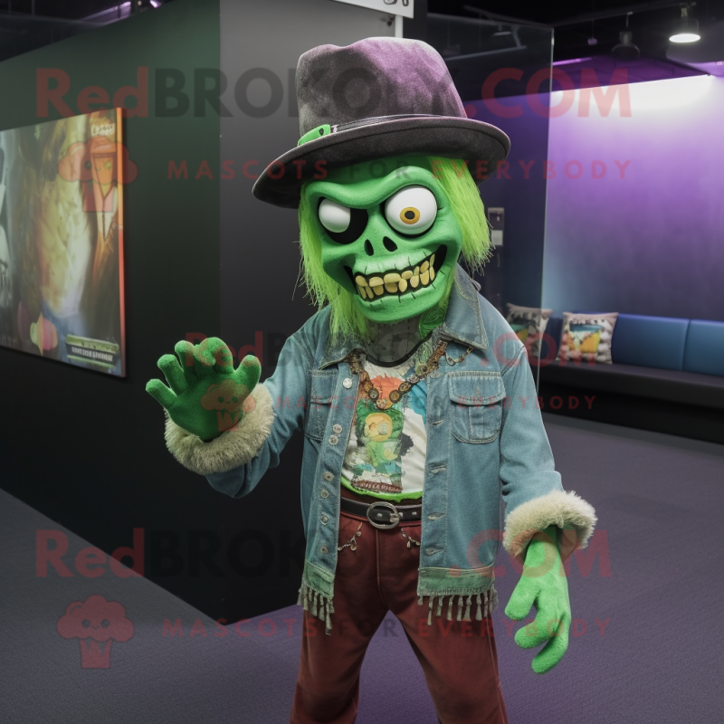 Green Undead mascot costume character dressed with a Cardigan and Hat pins