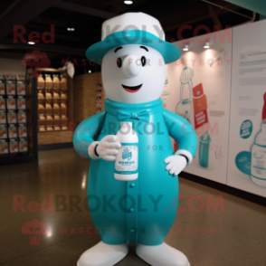 Teal Bottle Of Milk mascot costume character dressed with a Poplin Shirt and Berets