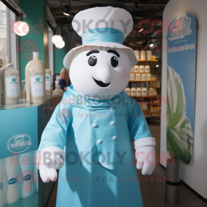 Teal Bottle Of Milk mascot costume character dressed with a Poplin Shirt and Berets