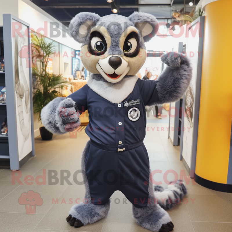 Navy Lemur mascot costume character dressed with a Leggings and Scarf clips Navy Lemur mascot costume character dressed with a Leggings and Scarf clips