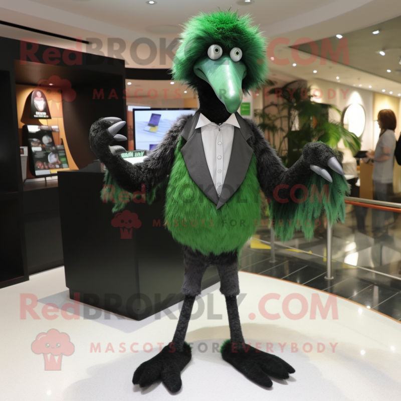 Forest Green Emu mascot costume character dressed with a Suit Pants and Brooches