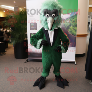 Forest Green Emu mascot costume character dressed with a Suit Pants and Brooches
