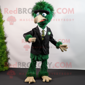 Forest Green Emu mascot costume character dressed with a Suit Pants and Brooches