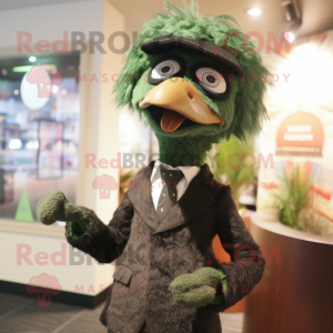 Forest Green Emu mascot costume character dressed with a Suit Pants and Brooches