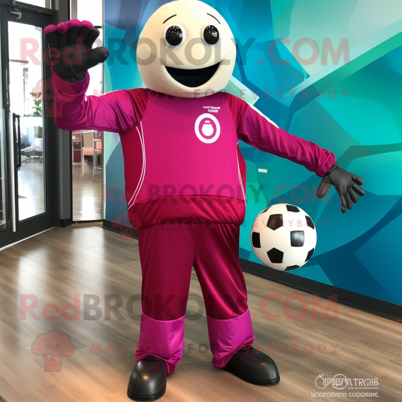 Magenta Soccer Ball mascot costume character dressed with a Jumpsuit and Gloves