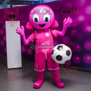 Magenta Soccer Ball mascot costume character dressed with a Jumpsuit and Gloves