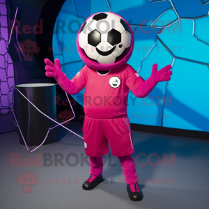 Magenta Soccer Ball mascot costume character dressed with a Jumpsuit and Gloves