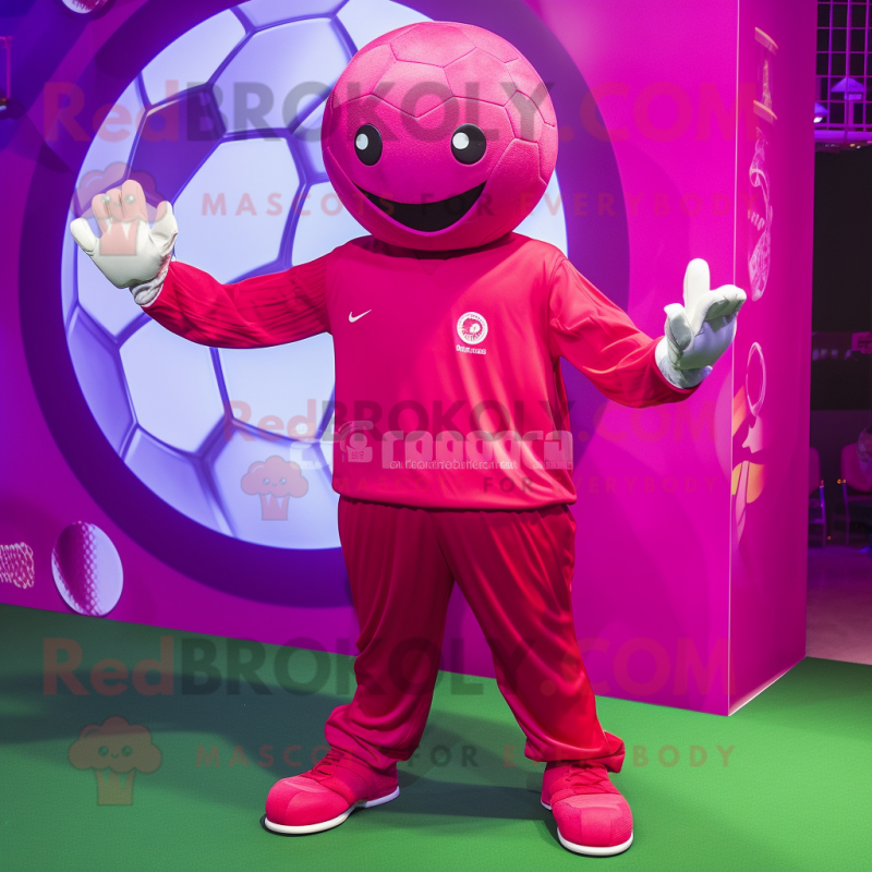 Magenta Soccer Ball mascot costume character dressed with a Jumpsuit and Gloves