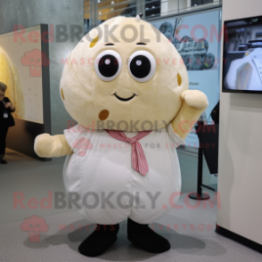 White Potato mascot costume character dressed with a Blouse and Suspenders