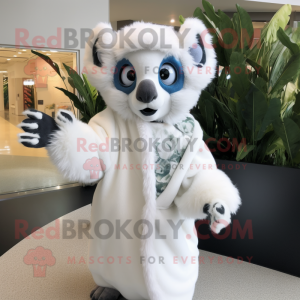 White Lemur mascot costume character dressed with a Wrap Dress and Mittens