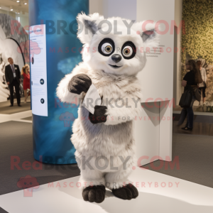 White Lemur mascot costume character dressed with a Wrap Dress and Mittens