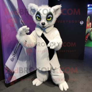 White Lemur mascot costume character dressed with a Wrap Dress and Mittens