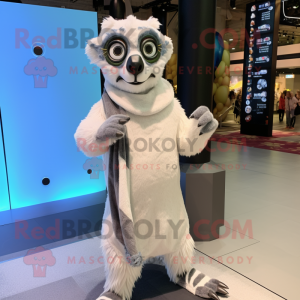 White Lemur mascot costume character dressed with a Wrap Dress and Mittens