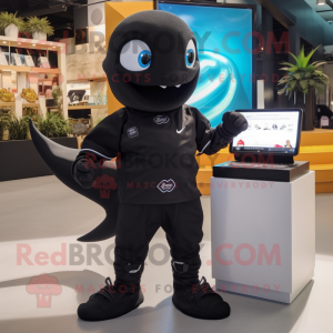 Black Stingray mascot costume character dressed with a Polo Tee and Smartwatches