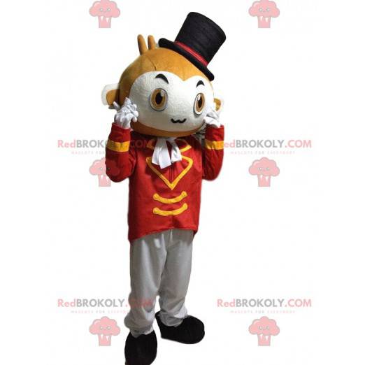 Mascota de mono de circo con un sombrero y un chaleco elegante.