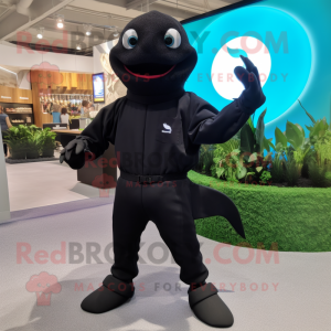 Black Stingray mascot costume character dressed with a Polo Tee and Smartwatches