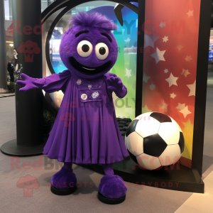 Purple Soccer Ball mascot costume character dressed with a Evening Gown and Lapel pins