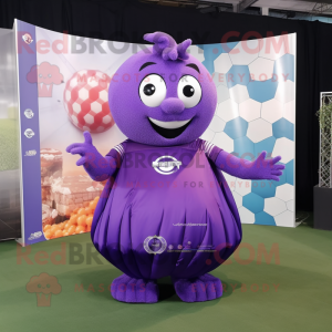 Purple Soccer Ball mascot costume character dressed with a Evening Gown and Lapel pins