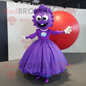 Purple Soccer Ball mascot costume character dressed with a Evening Gown and Lapel pins