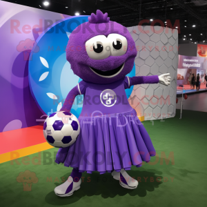 Purple Soccer Ball mascot costume character dressed with a Evening Gown and Lapel pins