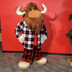 Red Mammoth mascot costume character dressed with a Flannel Shirt and Shoe clips