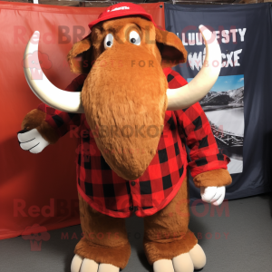 Red Mammoth mascot costume character dressed with a Flannel Shirt and Shoe clips