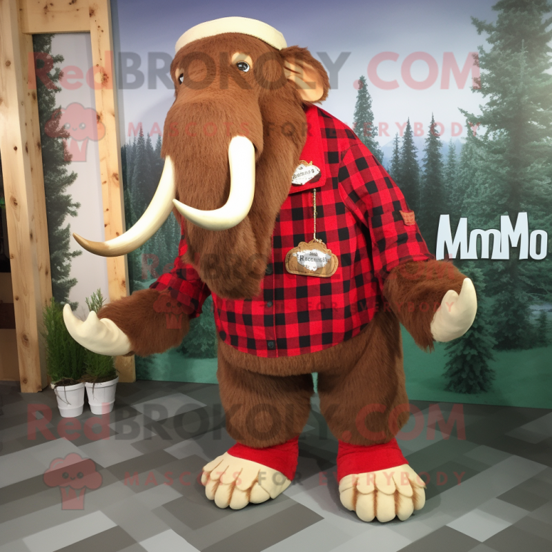 Red Mammoth mascot costume character dressed with a Flannel Shirt and Shoe clips