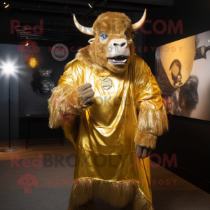 Gold Bison mascot costume character dressed with a Cover-up and Brooches