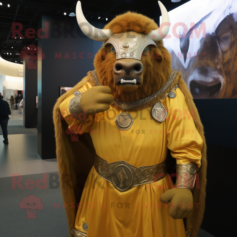 Gold Bison mascot costume character dressed with a Cover-up and Brooches