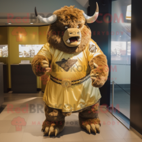 Gold Bison mascot costume character dressed with a Cover-up and Brooches