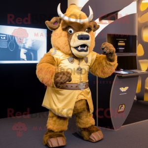 Gold Bison mascot costume character dressed with a Cover-up and Brooches