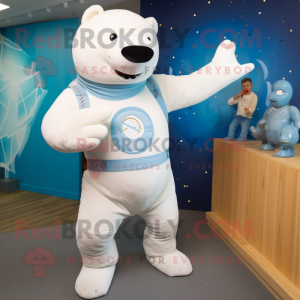 White Stellar'S Sea Cow mascot costume character dressed with a Boyfriend Jeans and Gloves