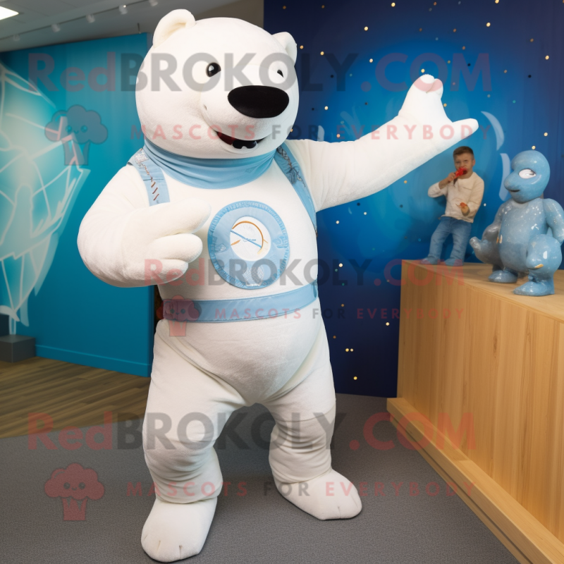 White Stellar'S Sea Cow mascot costume character dressed with a Boyfriend Jeans and Gloves