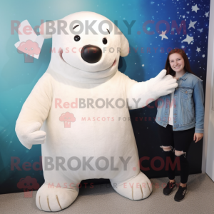 White Stellar'S Sea Cow mascot costume character dressed with a Boyfriend Jeans and Gloves