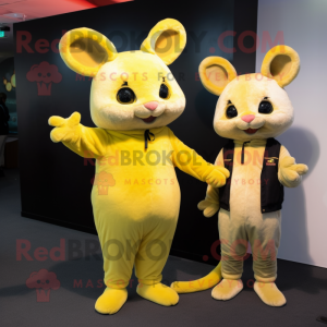 Yellow Chinchilla mascot costume character dressed with a Skinny Jeans and Cummerbunds