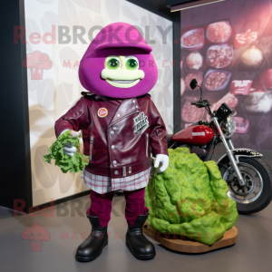 Magenta Corned Beef And Cabbage mascot costume character dressed with a Biker Jacket and Pocket squares