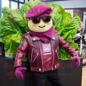 Magenta Corned Beef And Cabbage mascot costume character dressed with a Biker Jacket and Pocket squares