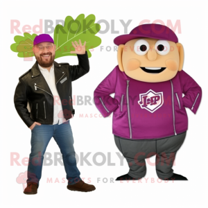 Magenta Corned Beef And Cabbage mascot costume character dressed with a Biker Jacket and Pocket squares