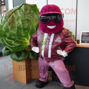 Magenta Corned Beef And Cabbage mascot costume character dressed with a Biker Jacket and Pocket squares