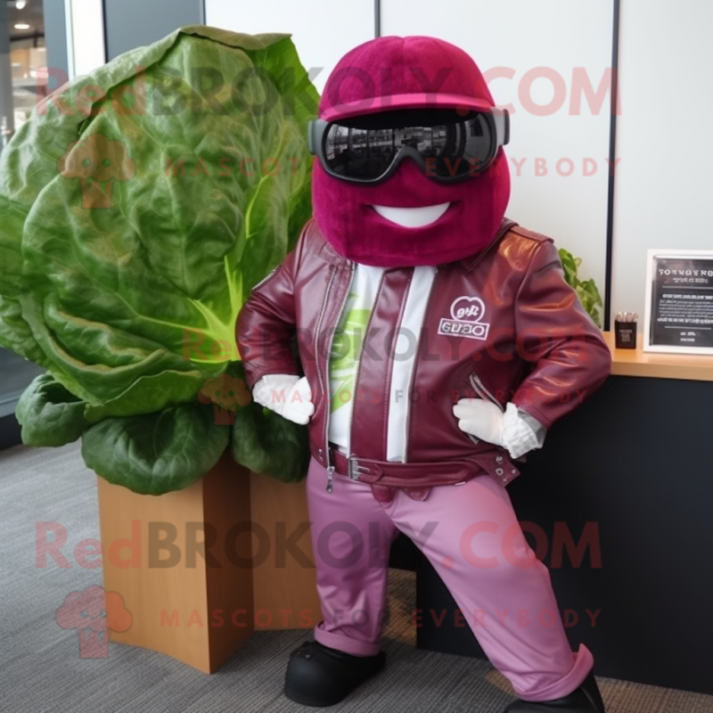 Magenta Corned Beef And Cabbage mascot costume character dressed with a Biker Jacket and Pocket squares Magenta Corned Beef And Cabbage mascot costume character dressed with a Biker Jacket and Pocket squares