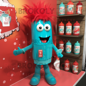 Turquoise Bottle Of Ketchup mascot costume character dressed with a Button-Up Shirt and Hair clips
