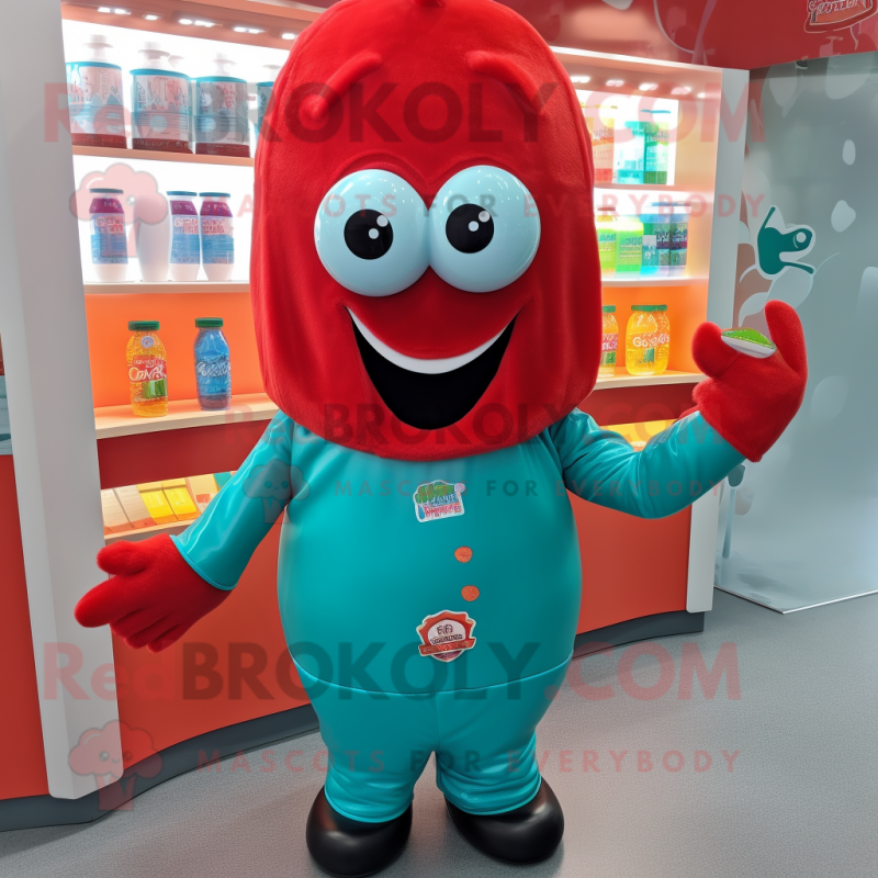 Turquoise Bottle Of Ketchup mascot costume character dressed with a Button-Up Shirt and Hair clips