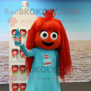 Turquoise Bottle Of Ketchup mascot costume character dressed with a Button-Up Shirt and Hair clips