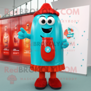 Turquoise Bottle Of Ketchup mascot costume character dressed with a Button-Up Shirt and Hair clips