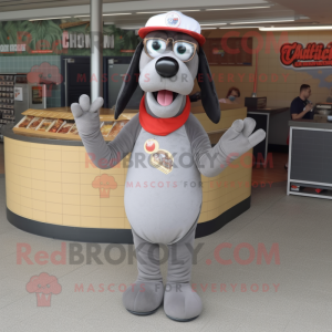 Gray Hot Dogs mascot costume character dressed with a T-Shirt and Eyeglasses