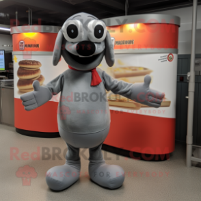 Gray Hot Dogs mascot costume character dressed with a T-Shirt and Eyeglasses