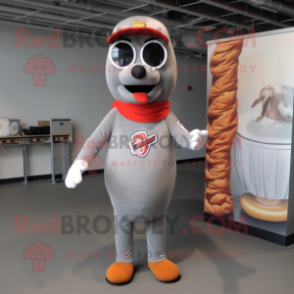 Gray Hot Dogs mascot costume character dressed with a T-Shirt and Eyeglasses